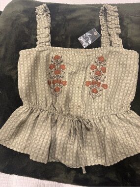 mine Cream Plaid Peplum Cami with Rust Rose Embroidery